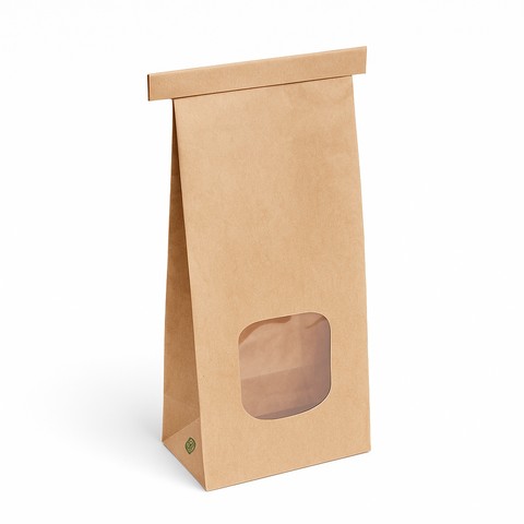 Kraft paper bag with a clear window on a white background