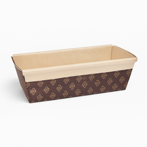 Rectangular bread loaf pan with brown and beige pattern on a white background