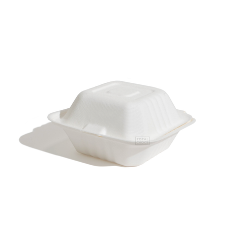 6-Inch White Sugarcane Clamshell Burger Boxes