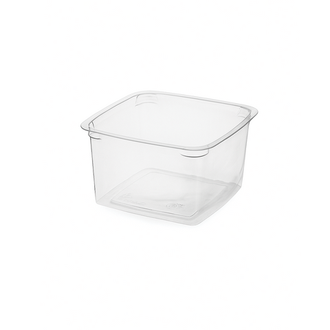 Clear plastic storage container on a white background