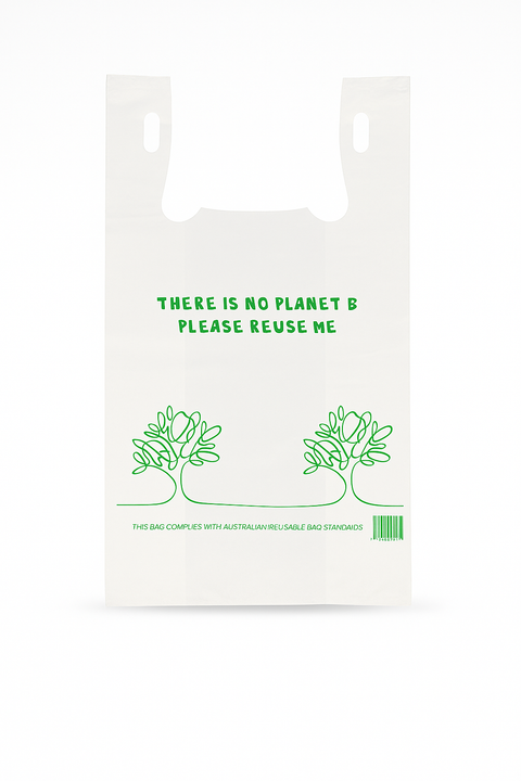 White reusable bag with green text and tree illustrations on a white background